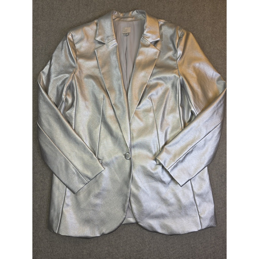 A New Day Silver Metallic Lined Single Button Blazer Jacket Size Large